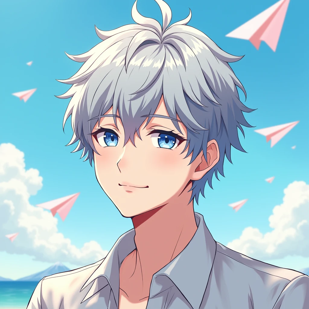 This temperament male anime avatar,The protagonist is a cool young man,Also a male god。He has short, neat, slightly curly hair.,Hair color is fashionable silver gray,He's wearing a shirt and his eyes are bright,Eye color is deep blue,As if he could see into people's hearts,The look in his eyes reveals firmness and confidence。。Thick and strong eyebrows,Together with his eyes, they make up his handsome face。
The face shape is clearly defined,Smooth lines,The chin is slightly raised,Demonstrating an unyielding。Straight nose,The nasal wings are moderate,Adds a bit of three-dimensionality to the whole face。The corners of the mouth slightly raised,Draw a charming smile,As if ready to share his joy and enthusiasm with the world。
Background,You can choose a simple and bright color as the background,Such as fresh blue or warm,To highlight the handsomeness and vitality of the protagonist。You can also add some elements that match the theme.,Like floating clouds、Flying paper airplanes or mountains in the distance,Add a lively and interesting touch to the entire avatar。