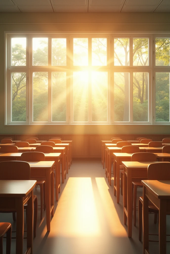 A realistic photograph features a Chinese high school classroom. The upper part of the image shows sunlight streaming in through the windows, while the lower part shows rows of desks and chairs. The classroom is empty, and the entire scene is bright and tranquil.