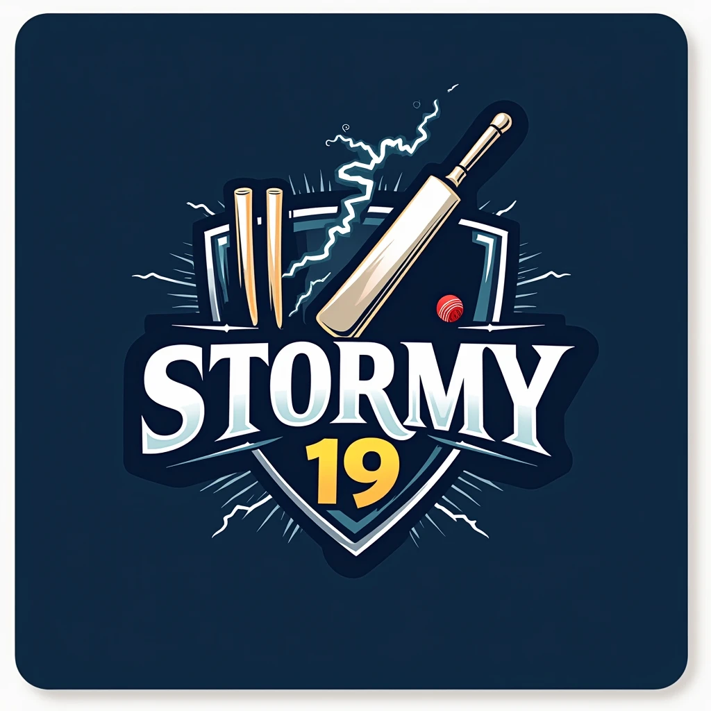 "Create a modern and dynamic cricket team logo for 'Stormy 19'. The logo should feature a storm or lightning theme with a bold and energetic design. Incorporate a cricket bat, ball, and stumps into the design. The color scheme should include dark blue, silver, and white to convey power and agility. The team name 'Stormy 19' should be prominently displayed in a stylish, sporty font. The overall look should be sharp, professional, and suitable for use on a cricket jersey and merchandise."