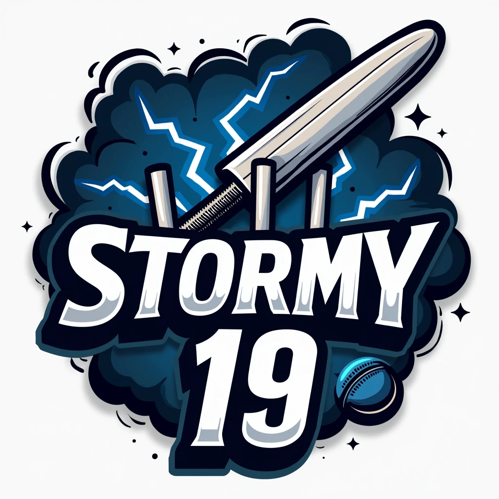 "Create a modern and dynamic cricket team logo for 'Stormy 19'. The logo should feature a storm or lightning theme with a bold and energetic design. Incorporate a cricket bat, ball, and stumps into the design. The color scheme should include dark blue, silver, and white to convey power and agility. The team name 'Stormy 19' should be prominently displayed in a stylish, sporty font. The overall look should be sharp, professional, and suitable for use on a cricket jersey and merchandise."