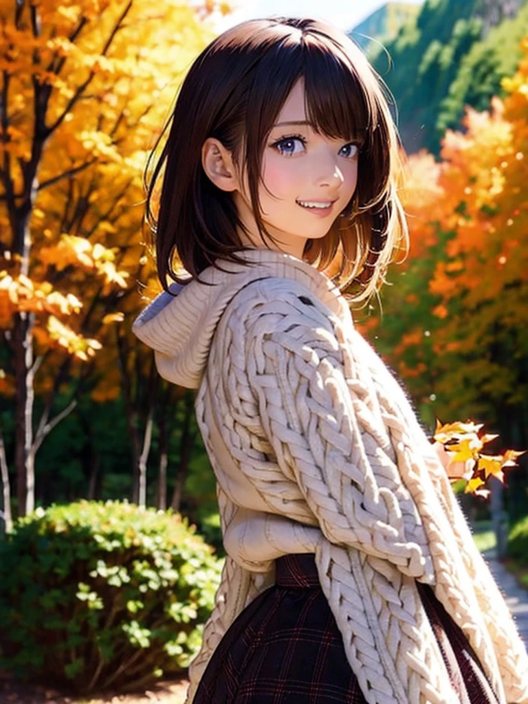 High resolution, 8k, Highest quality, detailed, Semi-realistic anime, Anime 3D Style, Smooth anime CG, One Girl, A 20-year-old Japanese woman, slim, Modeled, Shiny brown hair, detailedな顔, Beautiful and detailed, Glowing Skin, Hard Focus、Film Grain, Soft lighting, Looking at the audience, Laughter, (Warm sweaters and skirts、Autumn-like calm colors), A quiet mountain path with vibrant autumn foliage
