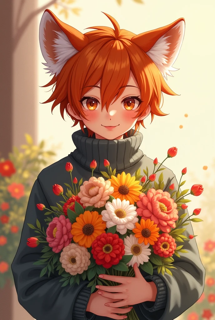 Make a detailed picture of a  boy with dark orange hair and red panda ears, dark orange eyes, wearing a turtleneck, and carrying a bouquet of flowers, his face showing a happy expression. 