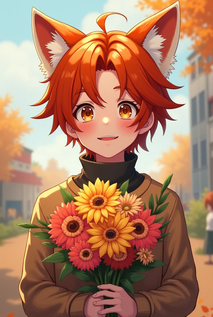 Make a detailed picture of a age boy with dark orange hair and red panda ears, dark orange eyes, wearing a turtleneck, and carrying a bouquet of flowers, his face showing a happy expression.