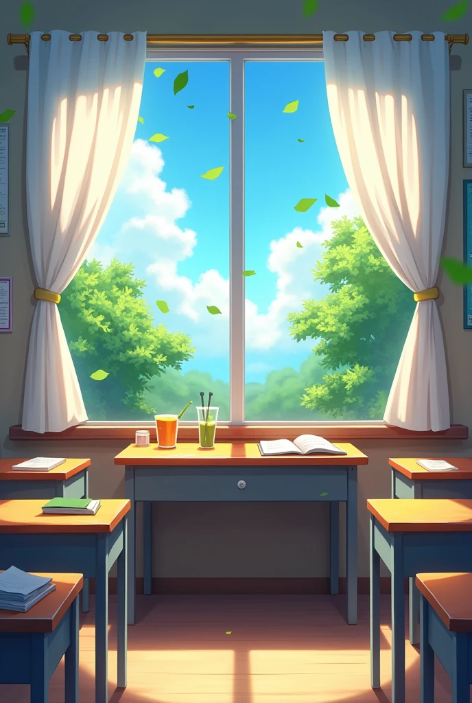 The classroom is filled with sunlight, and the desk in front of me has several school desks. White curtains flutter outside the window, with a blue sky and green trees. Leaves are falling on the desk. The scene is drawn in the style of cartoons, anime, and illustrations. It has a high resolution with bright colors, high details, and high quality. The full body shot is drawn in the style of 2D game art with highlights.
