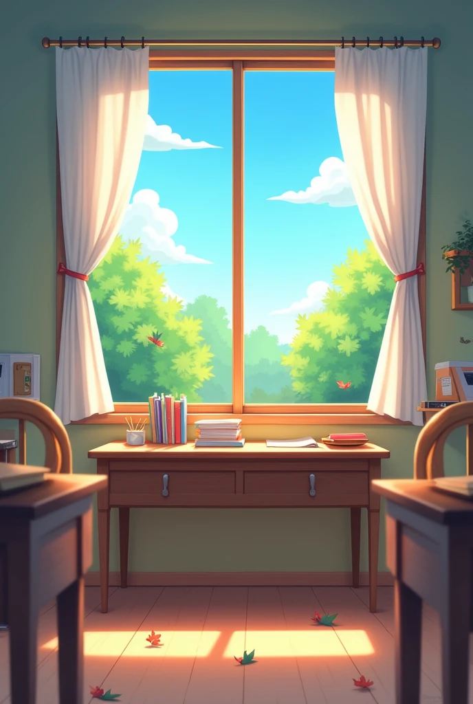 The classroom is filled with sunlight, and the desk in front of me has several school desks. White curtains flutter outside the window, with a blue sky and green trees. Leaves are falling on the desk. The scene is drawn in the style of cartoons, anime, and illustrations. It has a high resolution with bright colors, high details, and high quality. The full body shot is drawn in the style of 2D game art with highlights.