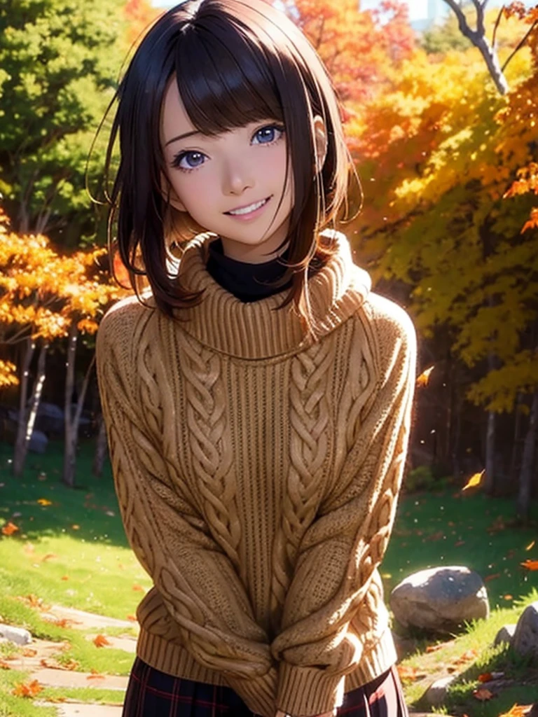 High resolution, 8k, Highest quality, detailed, Semi-realistic anime, Anime 3D Style, Smooth anime CG, One Girl, A 20-year-old Japanese woman, slim, Modeled, Shiny brown hair, detailedな顔, Beautiful and detailed, Glowing Skin, Hard Focus、Film Grain, Soft lighting, Looking at the audience, Laughter, (Warm sweaters and skirts、Autumn-like calm colors), A quiet mountain path with vibrant autumn foliage