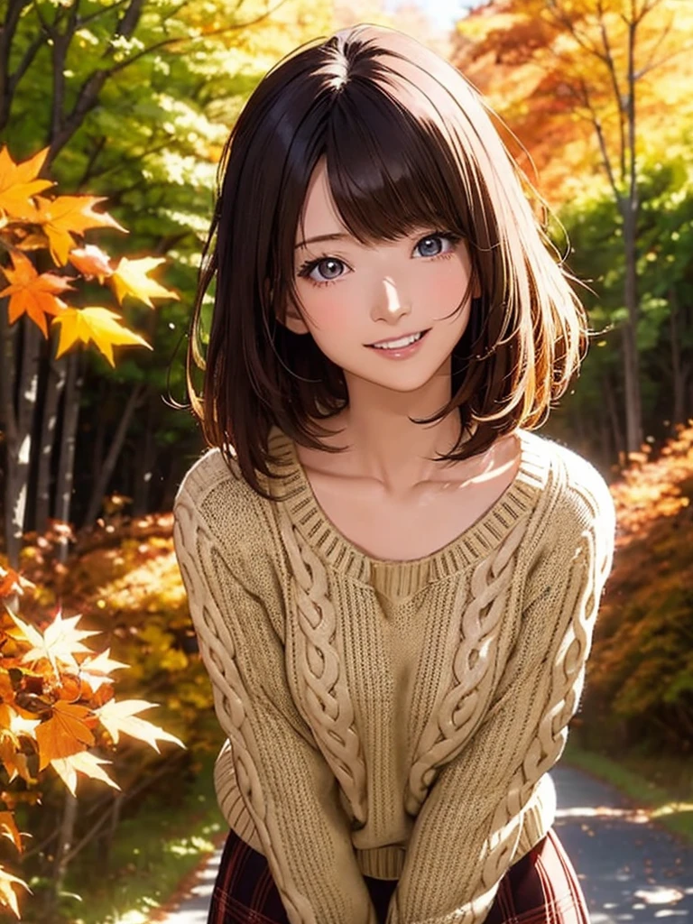 High resolution, 8k, Highest quality, detailed, Semi-realistic anime, Anime 3D Style, Smooth anime CG, One Girl, A 20-year-old Japanese woman, slim, Modeled, Shiny brown hair, detailedな顔, Beautiful and detailed, Glowing Skin, Hard Focus、Film Grain, Soft lighting, Looking at the audience, Laughter, (Warm sweaters and skirts、Autumn-like calm colors), A quiet mountain path with vibrant autumn foliage