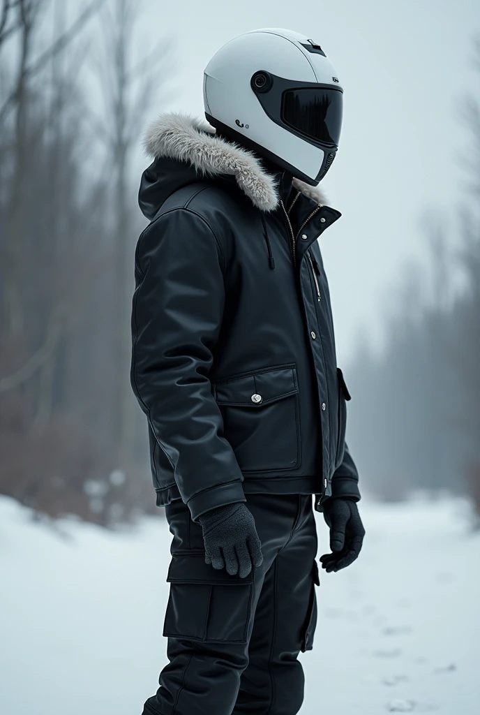 alone, male, standing, black winter jacket, hood up, black cargo pants, White fur around hood, white moter cycle helmet, 18, fit, best quality