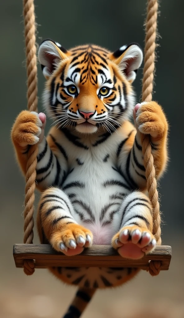 A tiger cub sitting upright on a swing，Real little tiger，Very small，animal，biology，Two claws grab the rope of the swing，hairy big belly
