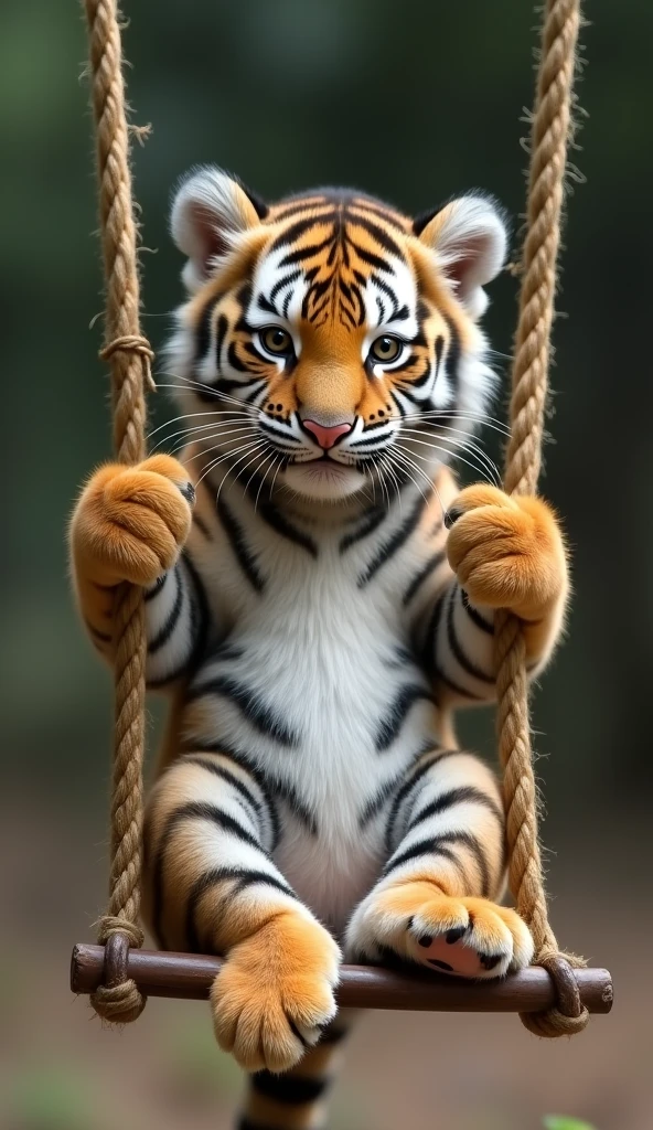 A tiger cub sitting upright on a swing,Real little tiger,Very small,animal,biology,Two claws grab the rope of the swing,hairy big belly
