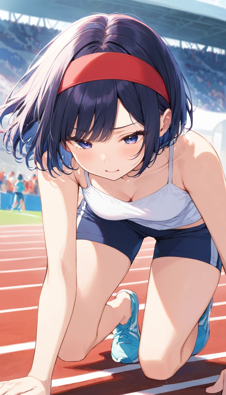 //Character 1girl, track and field athlete, perfect body, slim curve, skinny body, ultra detailed face, super beautiful, innocent, cute girl, thin eyeblow, rond face, smiling full of compassion, half opened mouth, kissing face,beautiful short hair, tying up style BREAK //Fashion uniform of track and field uniform, it consists of pale blue racing bras and racing brief, bare foot, gray and yellow athletics shoes BREAK at a studium , at noon , sunny day BreakDo bending and stretching exercises as a warm-up exercise, (dynamic angle), (dynamic pose)