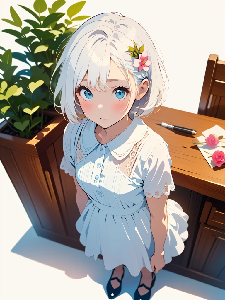 (white background:1.3), (extremely detailed fine touch:1.3), (rough sketch:1.3), ///, kawaii girl, white short hair, girly dress, heart candy, upper body, table, ornamental plants, (flower:1.3), zentangle, (full body:1.3), girls room, princess, (from above:1.3)