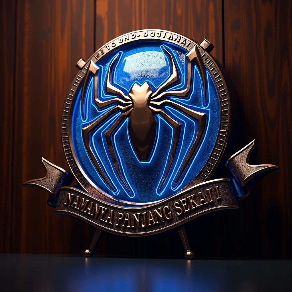 Realistic 3D logo made of glossy glass. In the middle is a majestic spiderman logo with shiny batik pattern around, like a royal symbol. with blue neon lights on the edges. The logo should be 3D and very glossy. The background is rosewood grain, so that it highlights the details and luxury of the logo. On the ribbon below the logo is the text "NAMANYA PANJANG SEKALI" in bold and spelled correctly. Very detailed, renderMan. The logo should be perpendicular to the viewer.
