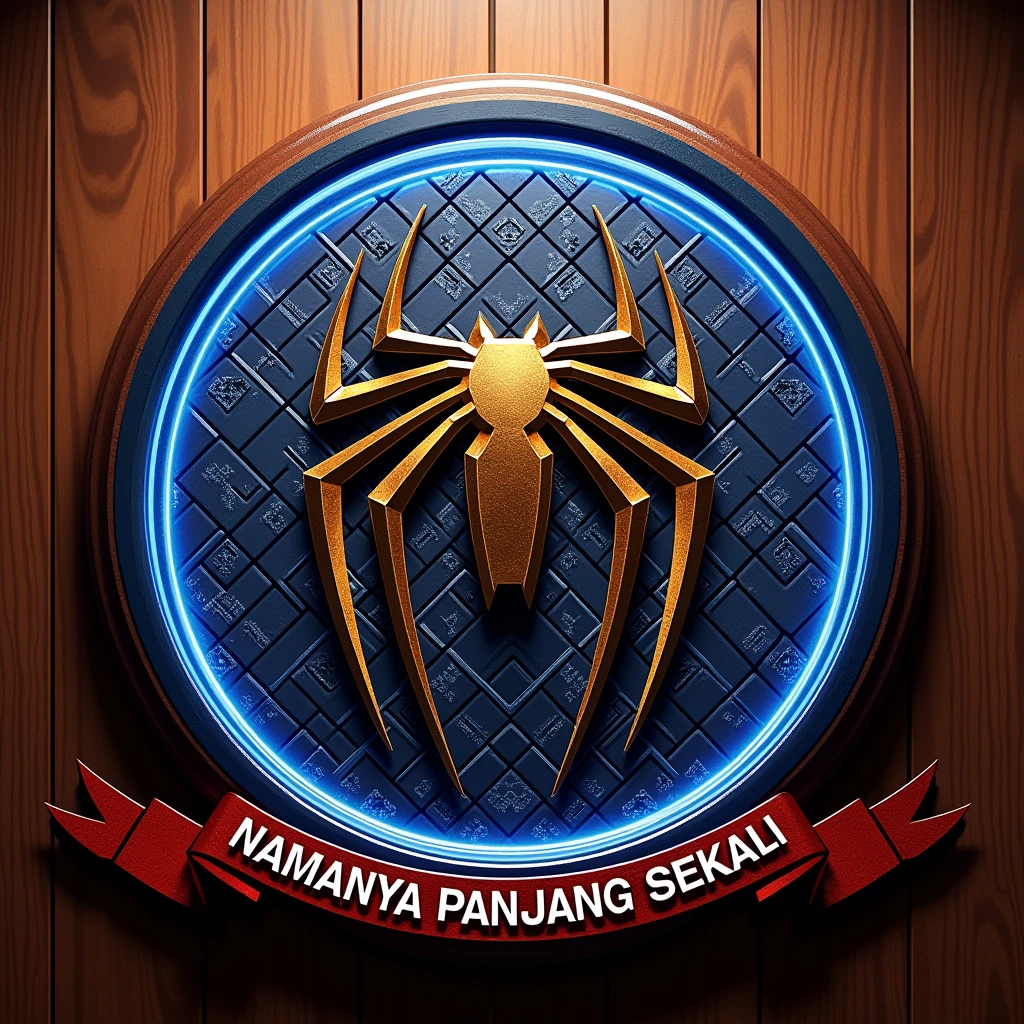Realistic 3D logo made of glossy glass. In the middle is a majestic spiderman logo with shiny batik pattern around, like a royal symbol. with blue neon lights on the edges. The logo should be 3D and very glossy. The background is rosewood grain, so that it highlights the details and luxury of the logo. On the ribbon below the logo is the text "NAMANYA PANJANG SEKALI" in bold and spelled correctly. Very detailed, renderMan. The logo should be perpendicular to the viewer.
