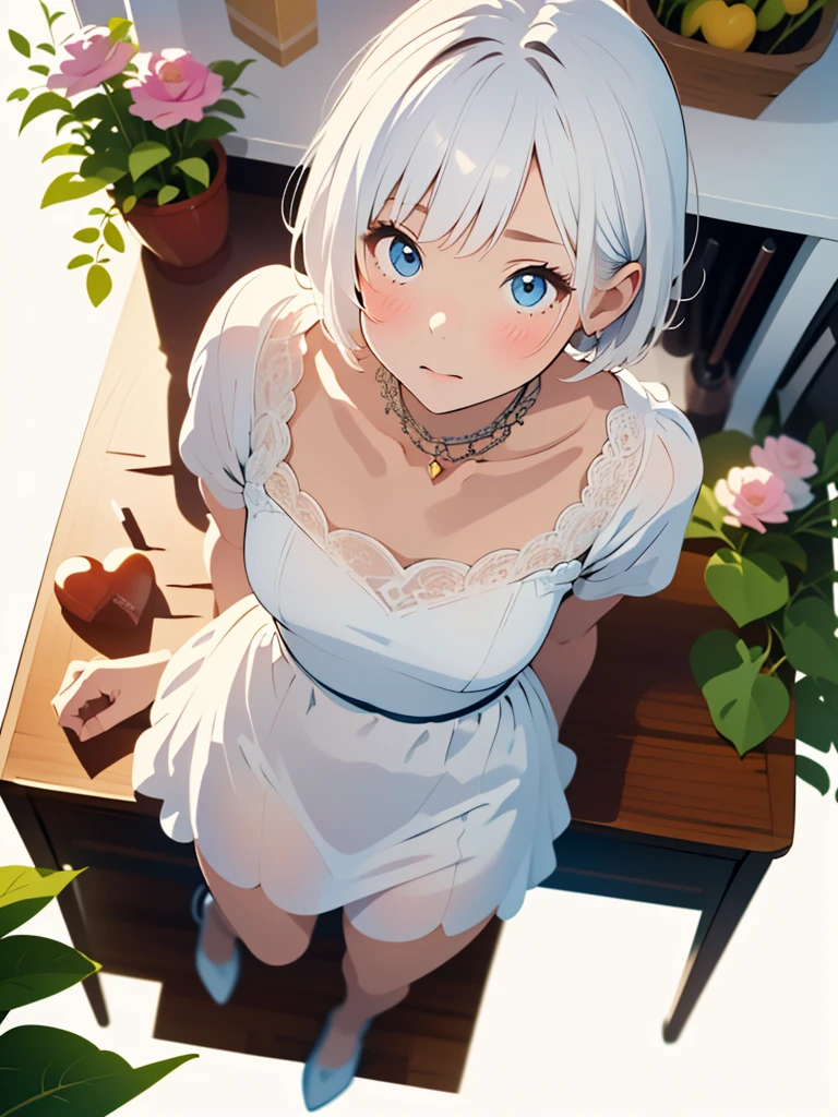 (white background:1.3), (extremely detailed fine touch:1.3), (rough sketch:1.3), ///, kawaii girl, white short hair, girly dress, heart candy, upper body, table, ornamental plants, (flower:1.3), zentangle, (full body:1.3), girls room, princess, (from above:1.3)