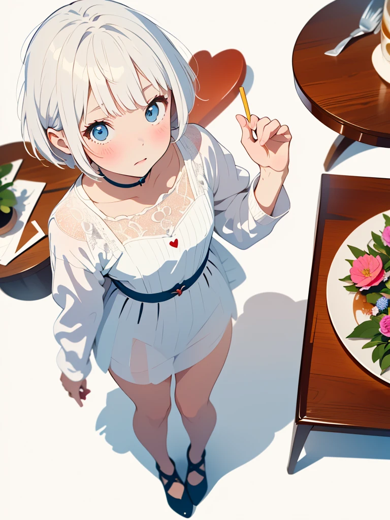 (white background:1.3), (extremely detailed fine touch:1.3), (rough sketch:1.3), ///, kawaii girl, white short hair, girly dress, heart candy, upper body, table, ornamental plants, (flower:1.3), zentangle, (full body:1.3), girls room, princess, (from above:1.3)