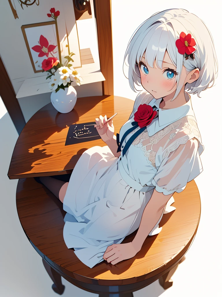 (white background:1.3), (extremely detailed fine touch:1.3), (rough sketch:1.3), ///, kawaii girl, white short hair, girly dress, heart candy, upper body, table, ornamental plants, (flower:1.3), zentangle, (full body:1.3), girls room, princess, (from above:1.3)