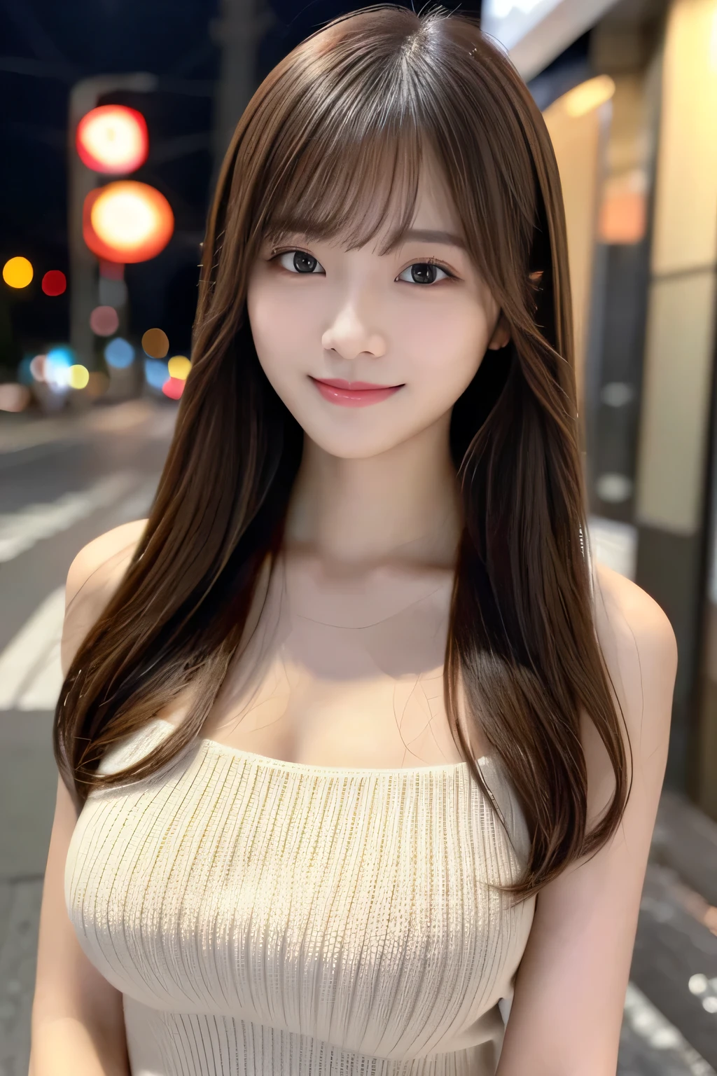 masterpiece、1 beautiful girl、Detailed eyes、Puffy eyes、Highest quality, 超High resolution, (Reality: 1.4), Cinema Lighting、Japanese、Asian Beauty、Super Beauty、Beautiful Skin、Slender、Body facing forward、(Surreal)、(High resolution)、(8k)、(Very detailed)、(Beautiful and detailed eyes)、(Ultra-detailed)、 (wall-)、Detailed face、Bright lighting、Professional Lighting、View your viewers、Look straight ahead、(The costume is a knit dress)、Long Hair, My hair is messy, Asymmetrical bangs, 、Night Scenery、Brown Hair、Japan is an idol、Korean Idol、Gravure idol pose、Age 18、expensive, smile、Large Breasts, 
