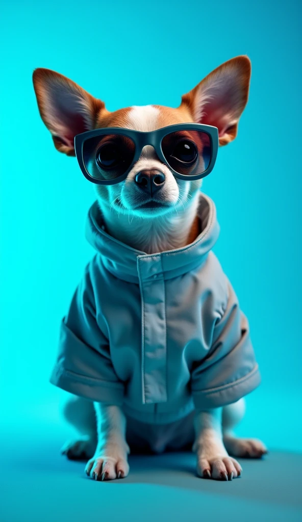 The best cell phone wallpaper, Award-Winning Wallpaper, portrait photography, In the front view is a portrait of a cute dog wearing mid-1960s space age fashion, Side view photo, Shot with Canon EOS R5, Set a strong contrast that accentuates the subject, Fluorescent blue tone, Wearing a very modern coat and sunglasses is a modern 1960s style, Clothes all in one color, beautiful background