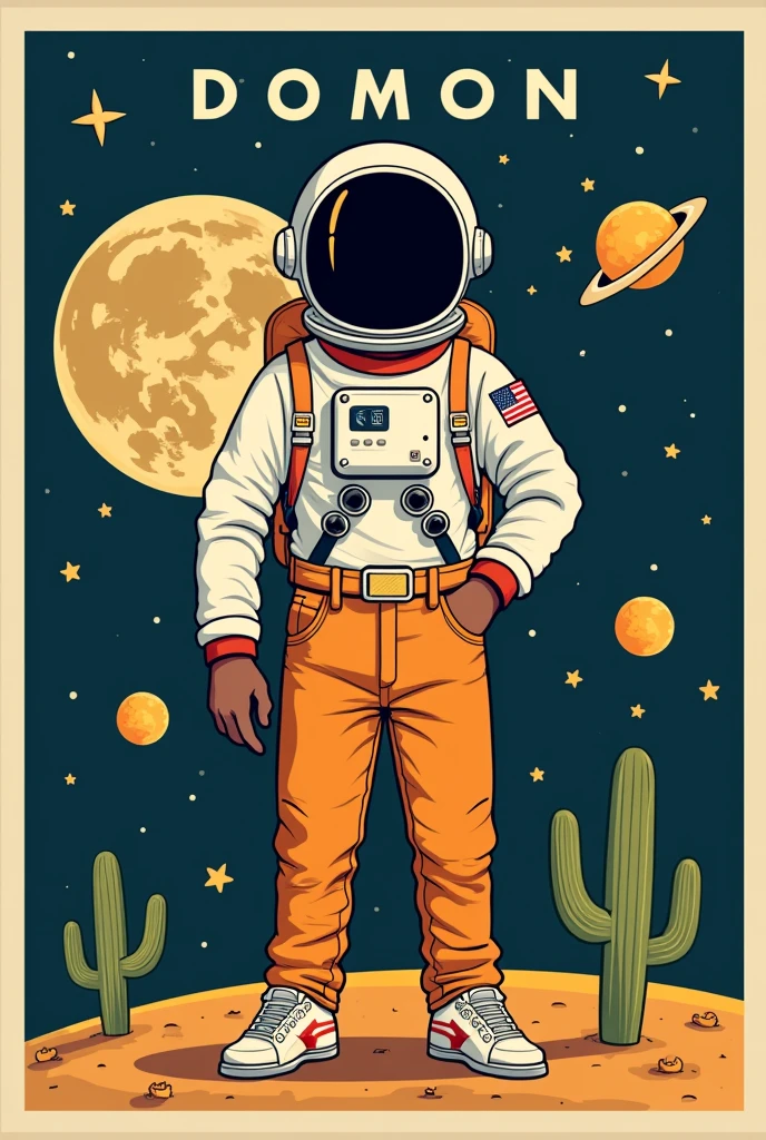 Can you generate a poster in Spanish for me to hire employees from a restaurant called "Moon"?
I need you to say the message of, "We are looking for new astronauts" 
And below it says that waiters are wanted, cleaning assistants.
Call 9511349374 And an astronaut who is a black male person with chinos and a hat for the cold is attending Mexican type 