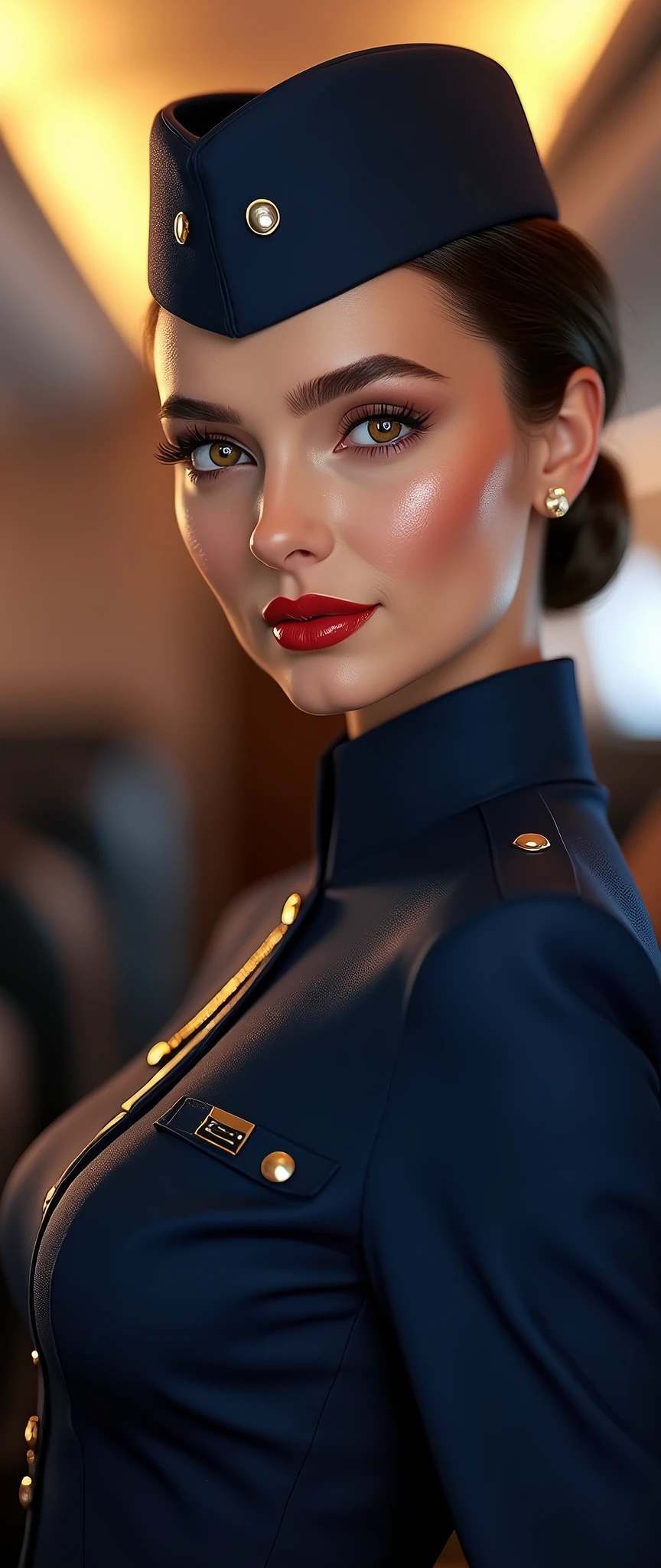 a beautiful female hostess in a flight, wearing  dark blue flight attendant uniform detailed realistic portrait, high quality, photorealistic, extremely detailed eyes and face, long eyelashes, mature elegant expression, red lips, flight attendant uniform, standing in an airplane interior, warm lighting, intricate details,, 8k
