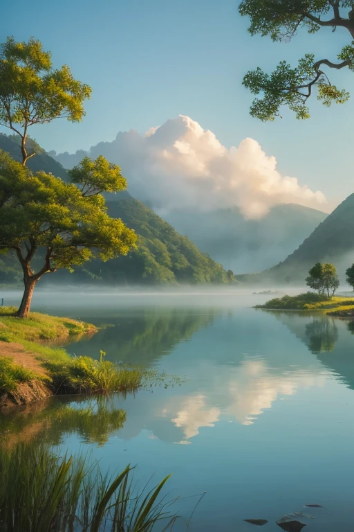 Highest quality、Landscape painting、Tranquil lakeside scenery、Foggy、dim