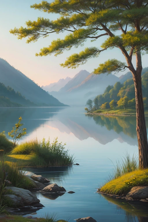 Highest quality、Landscape painting、Tranquil lakeside scenery、Foggy、dim
