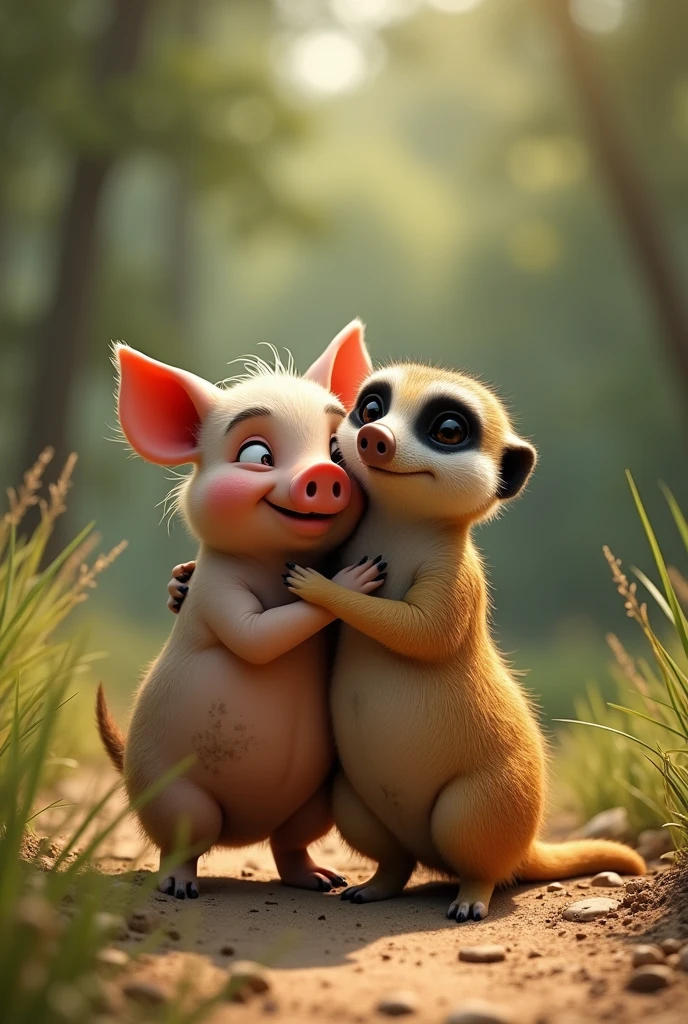 Friends' Relief: The pig and meerkat reach a safe place and hug each other. They cherish their friendship.




















