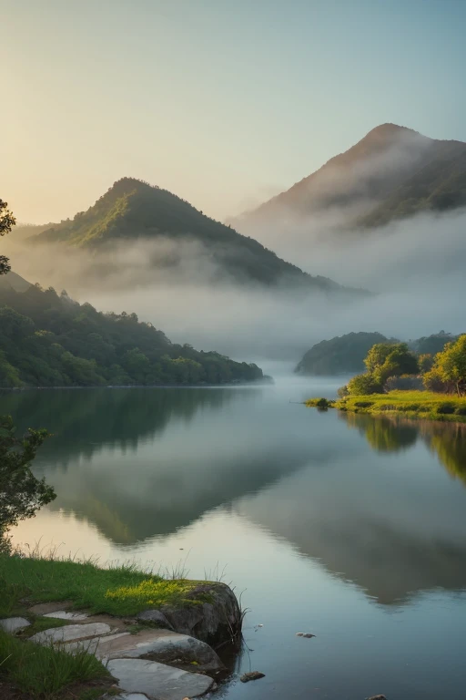 Highest quality、Landscape painting、Tranquil lakeside scenery、Foggy、dim