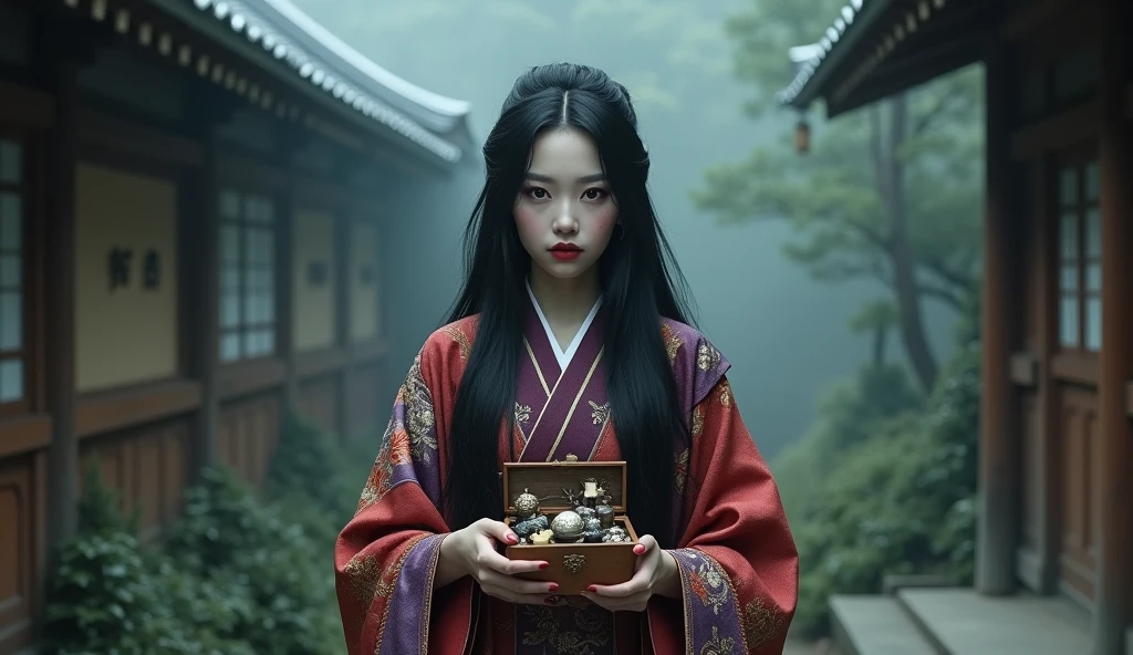 Create a photorealistic image of a female character inspired by the medicine seller from 'Mononoke' in the 'Karakasa' arc, as if it were from a live-action adaptation. She has long, flowing black hair styled elegantly, and her face is adorned with traditional geisha-style makeup, featuring a white base, red lips, and subtle, intricate eye makeup with hints of black and red. Her eyes are intense and suggest ancient wisdom, possibly with a unique color like gold or violet. The woman is dressed in a traditional yet intricately designed kimono with rich, textured fabrics, blending deep reds, purples, and golds. The kimono has modern touches to make it suitable for a live-action film, with a slightly worn, authentic look. She carries a small, detailed wooden box filled with various medicines and mystical items. The background depicts a traditional Japanese setting with a supernatural atmosphere, such as a haunted temple or a misty forest. The overall mood should be mysterious and eerie, blending the spiritual and the real world, capturing the essence of a live-action version of the female medicine seller with a geisha-inspired appearance.