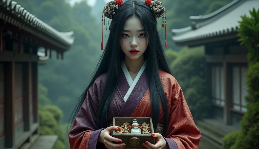 Create a photorealistic image of a female character inspired by the medicine seller from 'Mononoke' in the 'Karakasa' arc, as if it were from a live-action adaptation. She has long, flowing black hair styled elegantly, and her face is adorned with traditional geisha-style makeup, featuring a white base, red lips, and subtle, intricate eye makeup with hints of black and red. Her eyes are intense and suggest ancient wisdom, possibly with a unique color like gold or violet. The woman is dressed in a traditional yet intricately designed kimono with rich, textured fabrics, blending deep reds, purples, and golds. The kimono has modern touches to make it suitable for a live-action film, with a slightly worn, authentic look. She carries a small, detailed wooden box filled with various medicines and mystical items. The background depicts a traditional Japanese setting with a supernatural atmosphere, such as a haunted temple or a misty forest. The overall mood should be mysterious and eerie, blending the spiritual and the real world, capturing the essence of a live-action version of the female medicine seller with a geisha-inspired appearance.