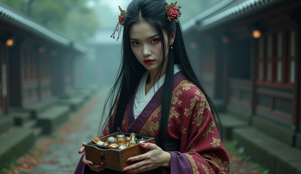 Create a photorealistic image of a female character inspired by the medicine seller from 'Mononoke' in the 'Karakasa' arc, as if it were from a live-action adaptation. She has long, flowing black hair styled elegantly, and her face is adorned with traditional geisha-style makeup, featuring a white base, red lips, and subtle, intricate eye makeup with hints of black and red. Her eyes are intense and suggest ancient wisdom, possibly with a unique color like gold or violet. The woman is dressed in a traditional yet intricately designed kimono with rich, textured fabrics, blending deep reds, purples, and golds. The kimono has modern touches to make it suitable for a live-action film, with a slightly worn, authentic look. She carries a small, detailed wooden box filled with various medicines and mystical items. The background depicts a traditional Japanese setting with a supernatural atmosphere, such as a haunted temple or a misty forest. The overall mood should be mysterious and eerie, blending the spiritual and the real world, capturing the essence of a live-action version of the female medicine seller with a geisha-inspired appearance.