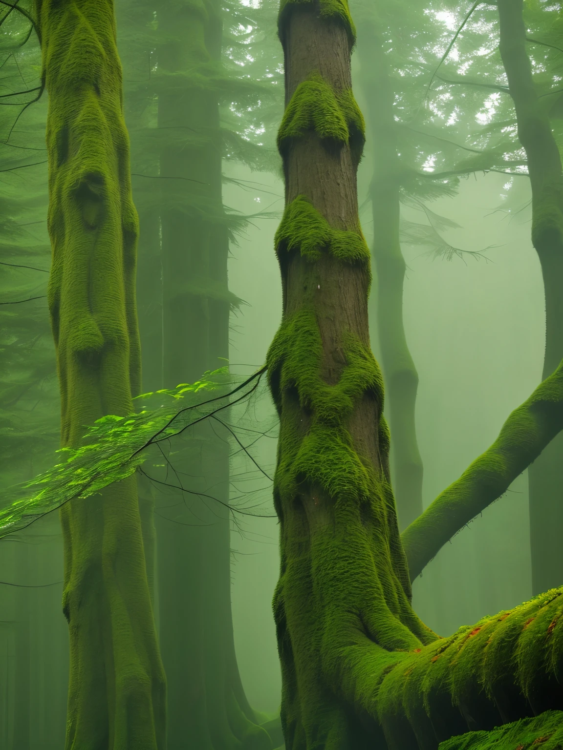 Green ivy encroaching on tree trunks,Ultra-realistic,Super Real,Dark Foggy Forest Theme,8k,