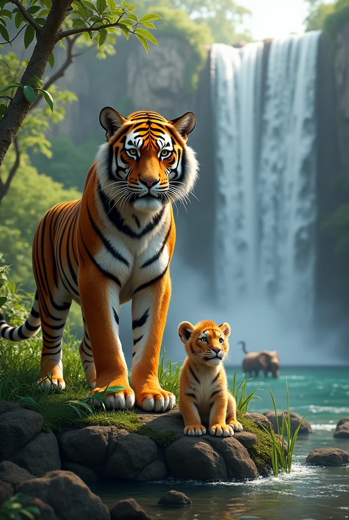 A tiger standing on waterfall with baby lion
And elephant eating sugarcane 