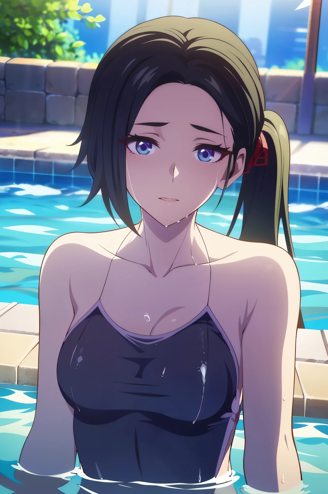 deep skin,textured skin, long hair, black hair, blue eyes, ponytail, highres:1.0), haruhiko_ichijou, makeup, purple lipstick, purple eyeshadow, beautiful face, hyperdetail face, woman in a gray dress laying on a pool, a picture by Tadashi Nakayama, tumblr, shin hanga, wet swimsuit, realistic young gravure idol, young skinny gravure idol, young sensual gravure idol, sophisticated gravure idol, hot with shining sun, young pretty gravure idol, realistic sensual gravure idol, next to a pool
