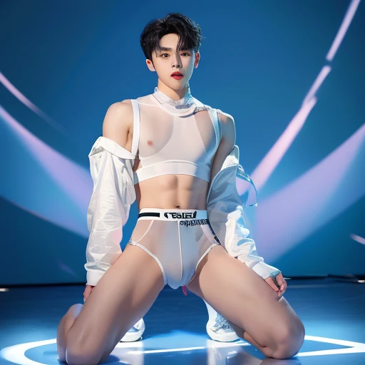 한국 잘생긴 Boy Idol,20 years old,transparent penis,white&Transparent crop top with long sleeves that show your chest, White transparent triangle panties,A handsome man, pretty legs,Adonis,penis visible,Became a toy, seductive posture, thin arms,a picturesque face, tight clothes,Undressing, During a performance on a pornographic stage, Bodyguard harness,Boy Idol, a picturesque face, star, selling oneself, body selling, sexy, Kneeling position with one knee wide open, Teen Fashion