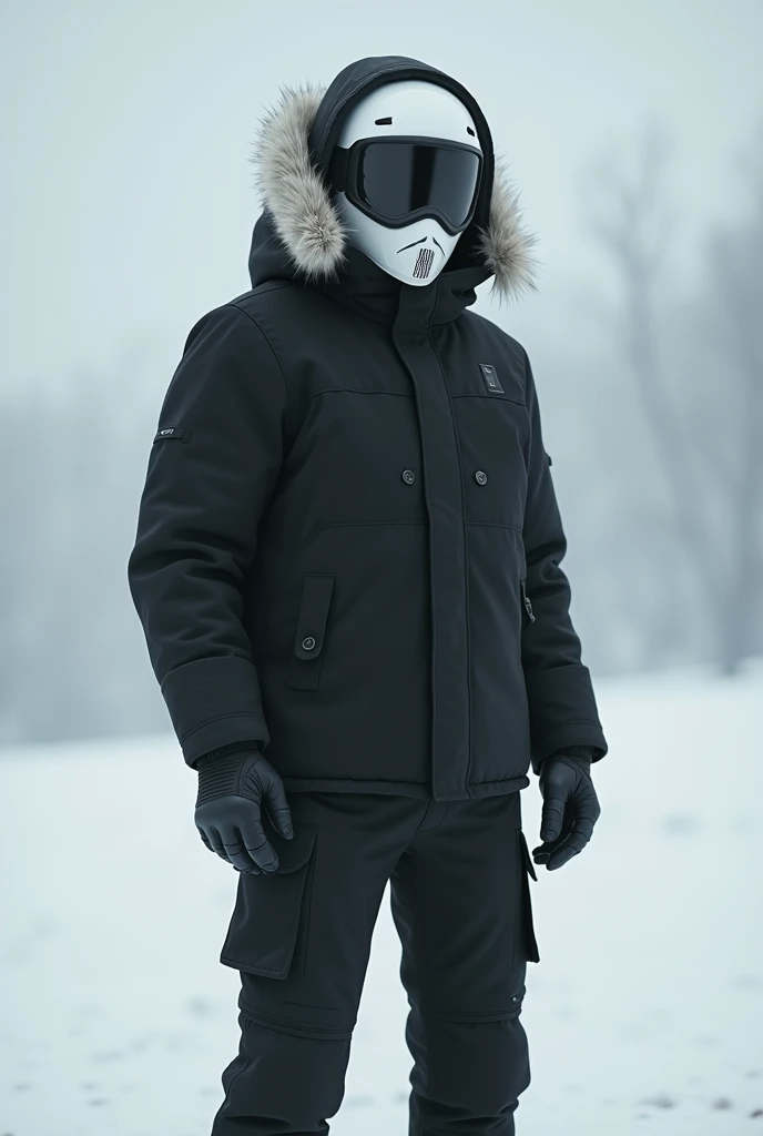 alone, male, standing, black winter jacket, hood up, hood over head, black cargo pants, White fur around hood, white moter cycle helmet, 18, fit, best quality