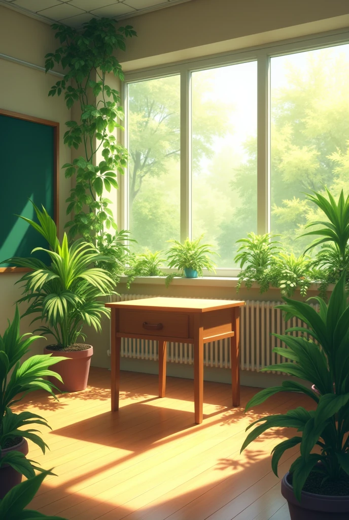 A school classroom with green plants and sunlight shining through the windows, a desk in front of it, anime style, high resolution, high quality, high detail, anime aesthetic, realistic, anime art, anime style, high details, anime, anime composition, anime style, anime illustration, anime aesthetic,