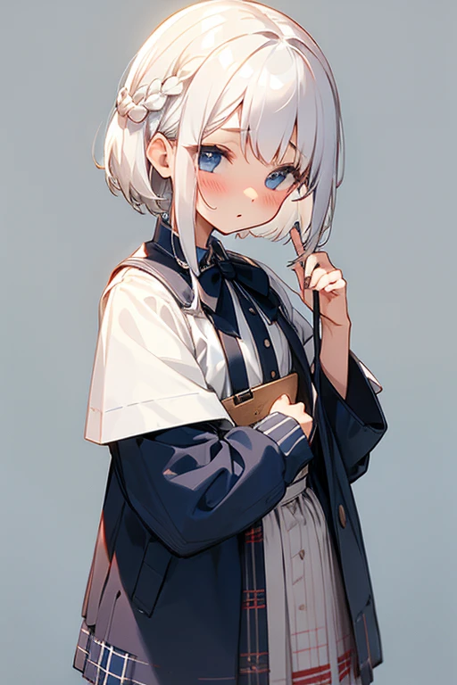 Short white hair, blush, Navy and white checked outfit、Braiding、superior