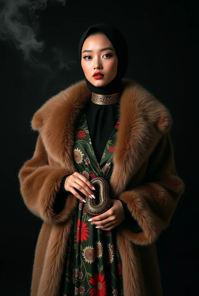 beautiful japanese woman wearing full black hijab and tanned skin, wearing designer mocha fur coat, and loose satin turtle neck dress with intricate floral pattern (Dark green, red, gold), thick eyebrows, photorealistic, masterpiece, moncle, open coat, pouting lips, pouting, blank black background with smoke and good lighting, carrying python with gold collar