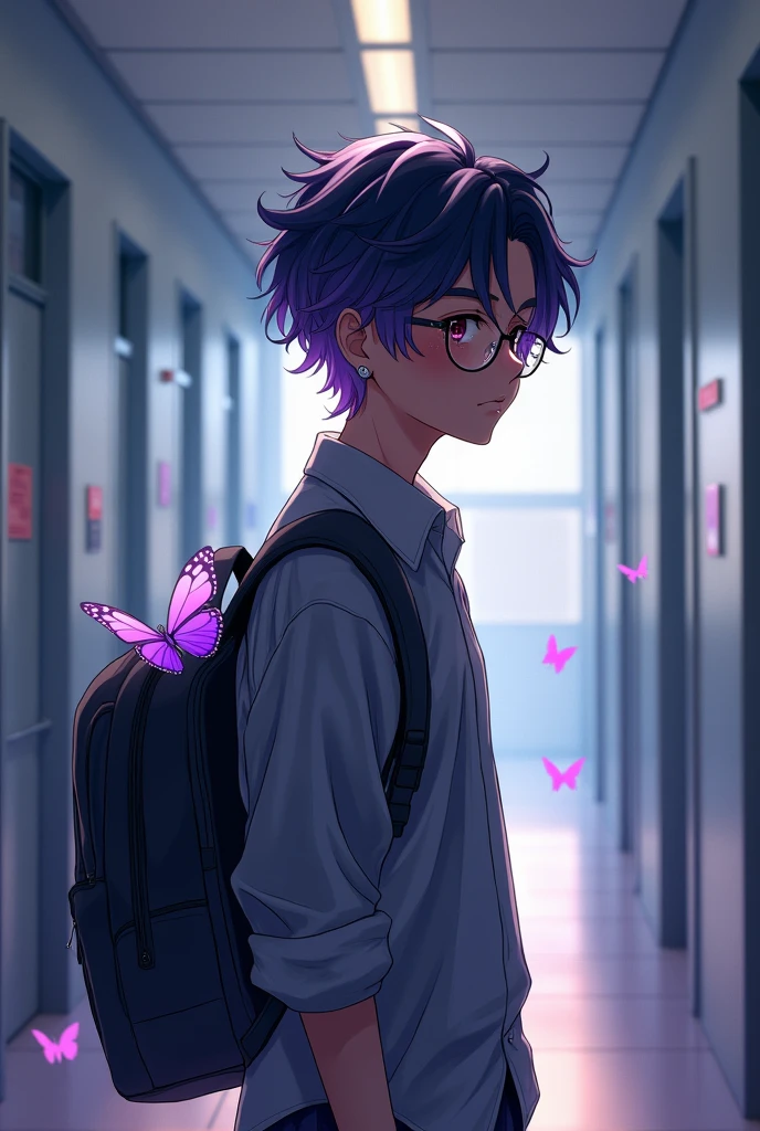 trans boy, simple makeup, School uniform, schoolbag, black shoes, dark but light skin, serious, Dark hair with lilac and purple highlights, purple butterfly, beautiful shelter, labial, freckles and glasses, realistic anime teenager 16, school hall