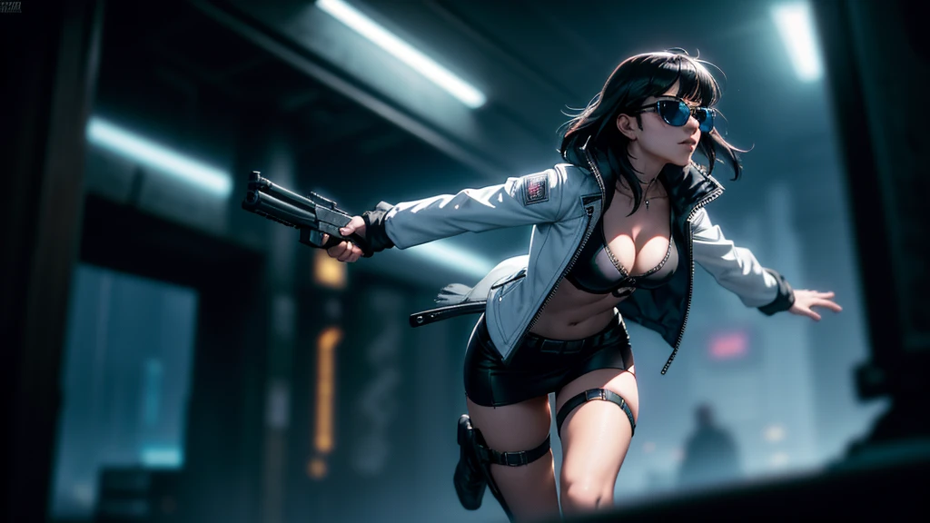 cyberpunk-style city with a nocturnal vibe with Blade Runner-like aesthetic references. At night, (1girl, solo, alone), photorealistic, medium-breast slim:0.6 body, oval:0.5 face, cleavage:1.1, sexy black laced bra, miniskirt, white laced panty, coat, (black micro sunglasses), (holding a short gun), (slightly leaning forward running pose), ((half-body thigh level medium shot)), cinematic lighting, ray tracing, motion blurred background.