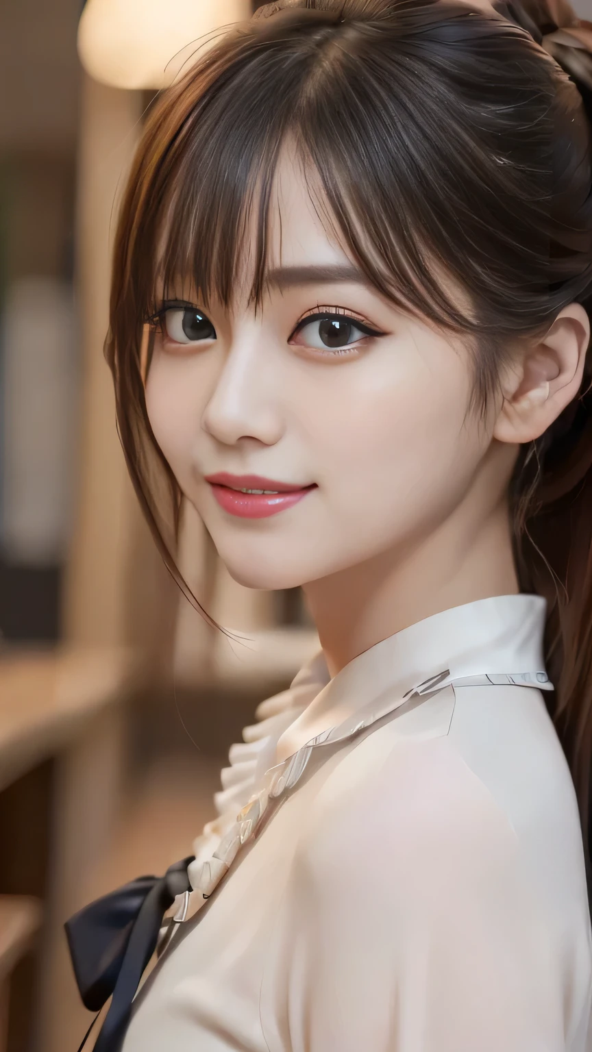 (8k, Highest quality, Genuine、 Ultra-high resolution:1.5),Beautiful Japanese Woman, ((Cute Smile)),（Updo）, (Blouse with a large collar), A side profile peering into this, Close-up shot of face、