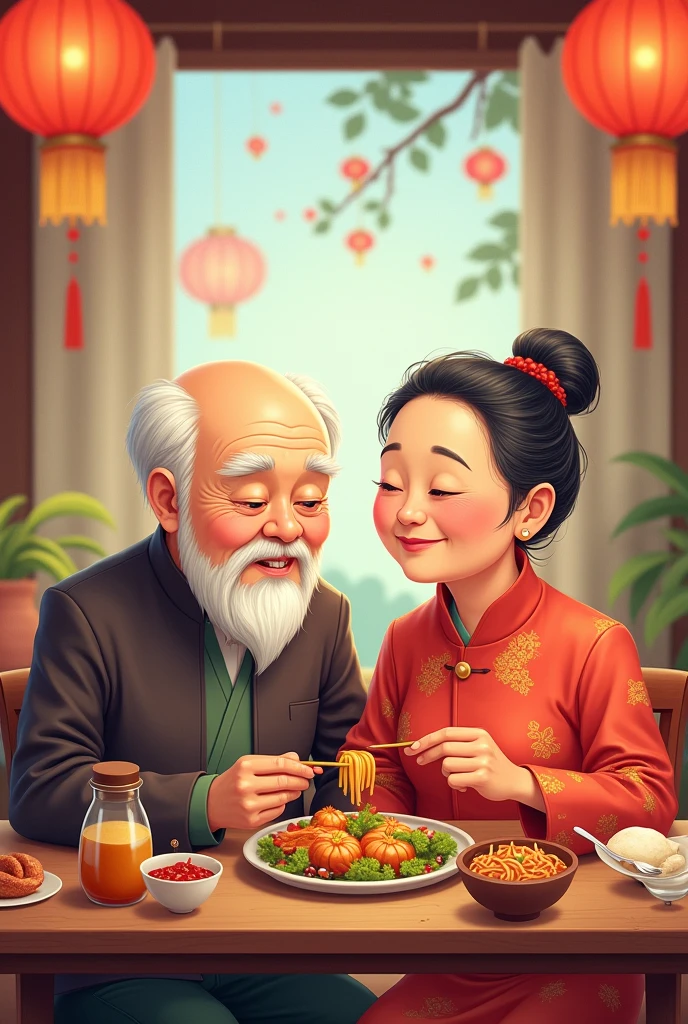 Chinese old couple in cute cantoon seat together enjoy dinner