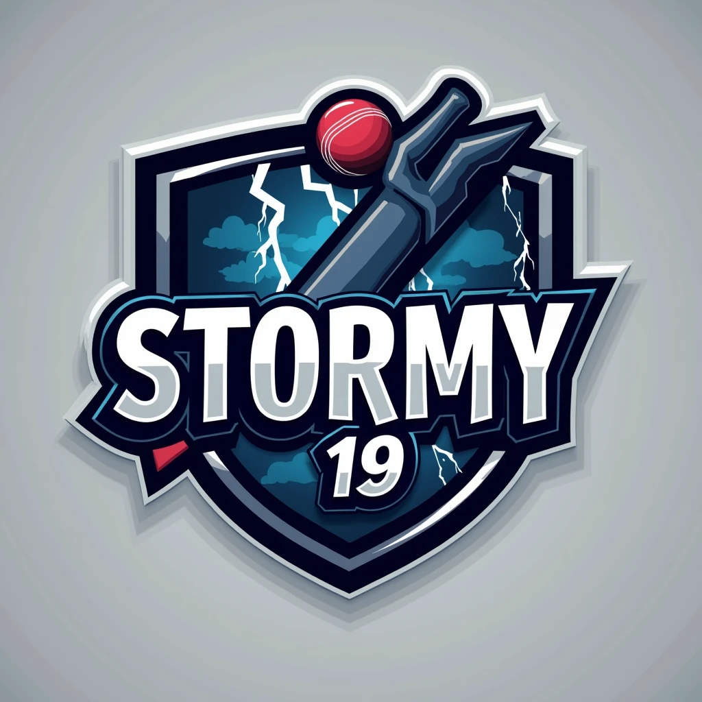 "Create a modern and dynamic cricket team logo for 'Stormy 19'. The logo should feature a storm or lightning theme with a bold and energetic design. Incorporate a cricket bat, ball, and stumps into the design. The color scheme should include dark blue, silver, and white to convey power and agility. The team name 'Stormy 19' should be prominently displayed in a stylish, sporty font. The overall look should be sharp, professional, and suitable for use on a cricket jersey and merchandise."
