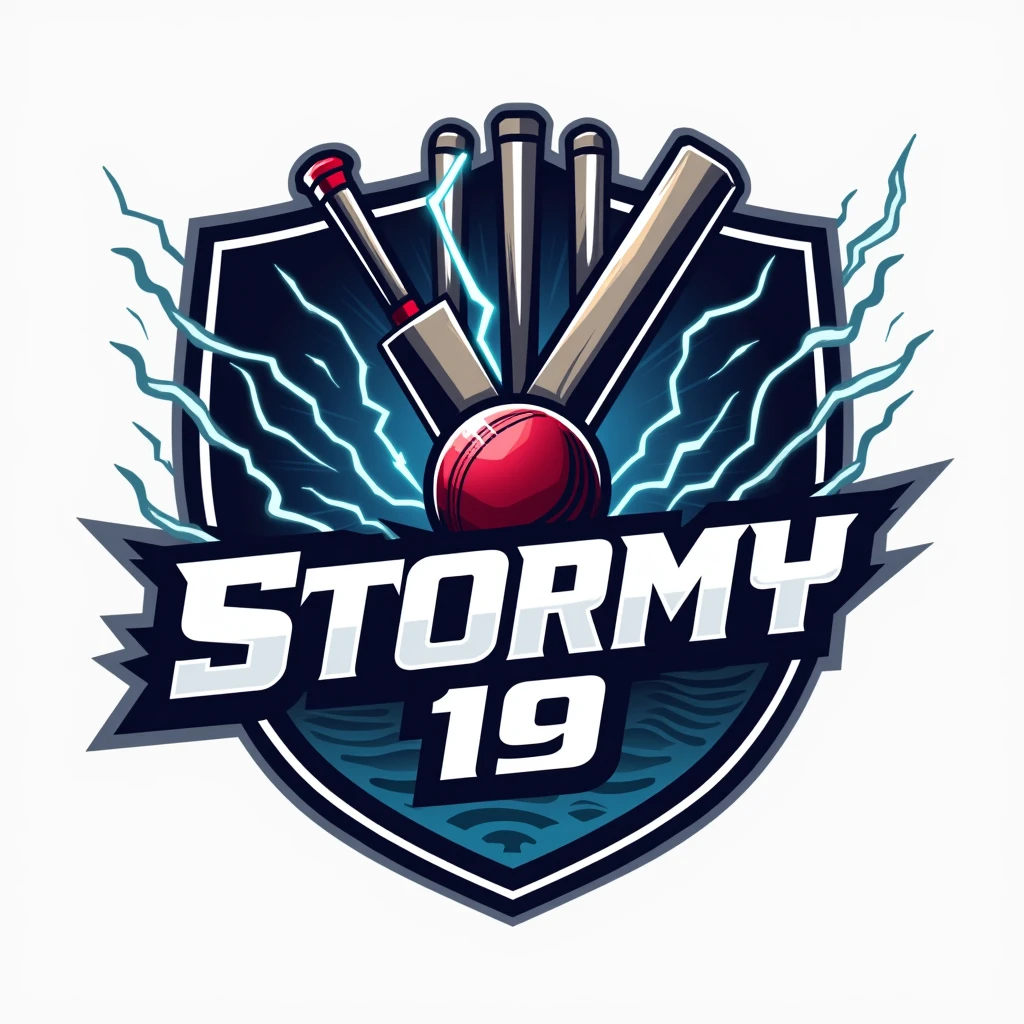 "Create a modern and dynamic cricket team logo for 'Stormy 19'. The logo should feature a storm or lightning theme with a bold and energetic design. Incorporate a cricket bat, ball, and stumps into the design. The color scheme should include dark blue, silver, and white to convey power and agility. The team name 'Stormy 19' should be prominently displayed in a stylish, sporty font. The overall look should be sharp, professional, and suitable for use on a cricket jersey and merchandise."