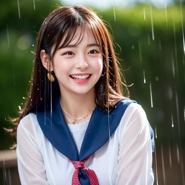 One Girl in the Rain、Blushing cheeks、((Red Bicycle))、((Riding a bicycle and smiling))、gazing at viewer、Heavy rain、large full breasts、A sheer white sailor suit that sticks to your chest when wet、skirt by the、Girl in Japan uniform and girl in the rain 、Pedaling a bike in the rain、florals、hair pin、a necklace、piercings、Getting wet and leaning forward、from below looking up、depth of fields、pointed red mouth、short hair of reddish-brown color wet and shiny,,,,Red mouth,Black eyes、鎖骨、Beautiful fingers、Hourglass body、portrait of a full body、Loosen your tie、Wet cute face、