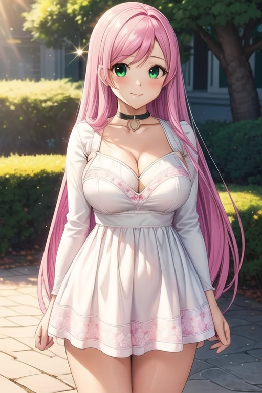 1 girl, 1, Long pink hair, green eyes , master-piece, best quality, (standing up), (short dress), (floral, long sleeve, short white summer light pink dress),  (Big , ultra gigantic , Super super big, Glamorous body), Make eye contact with the camera, front figure, looking forward, (light_Smile:1.5), (Detailed hands and fingers:1.2) (In the sunny park), (FULL BODYSHOT), thighs thighs thighs thighs、beauty legs、Bare legs