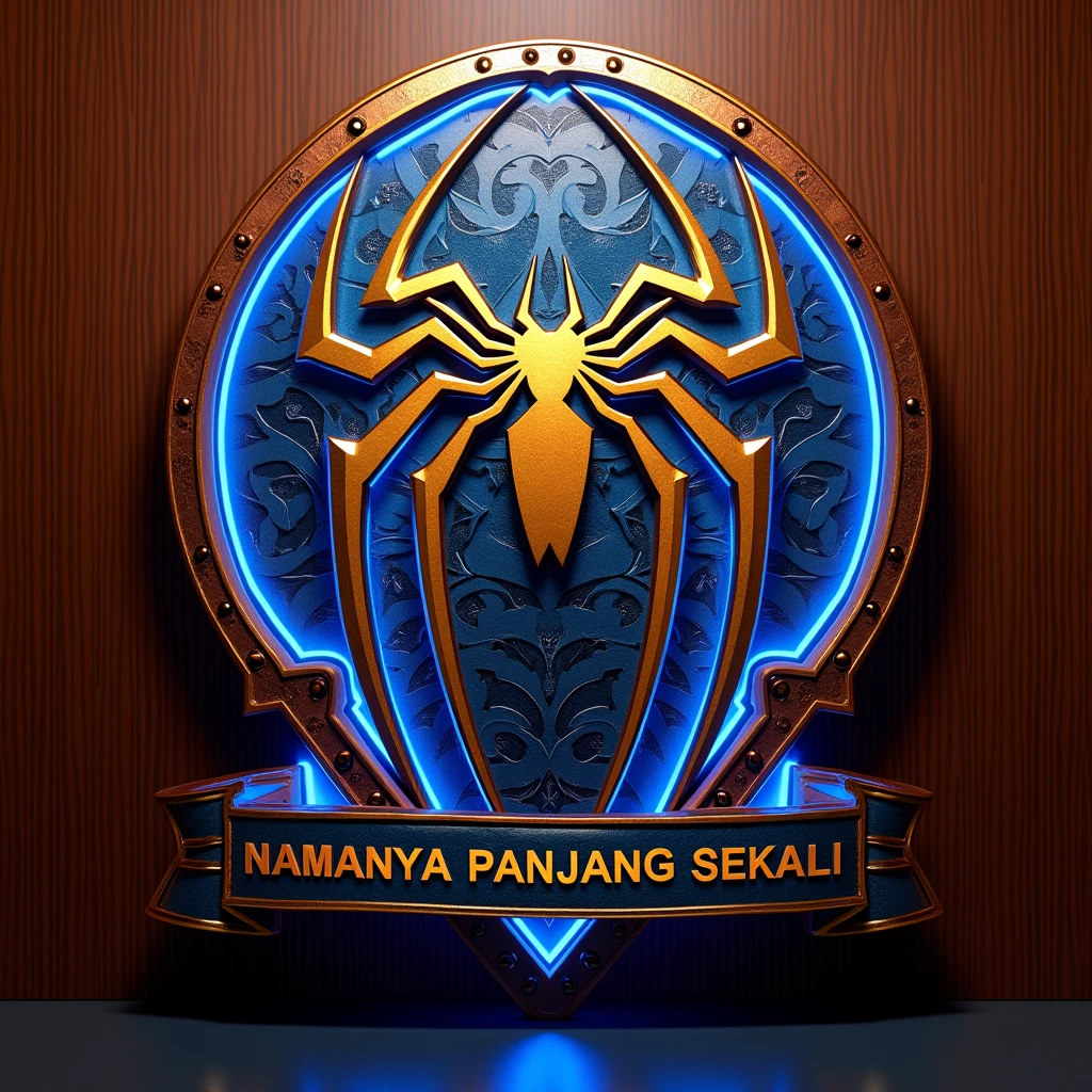 Realistic 3D logo made of glossy glass. In the middle is a majestic spiderman logo with shiny batik pattern around, like a royal symbol. with blue neon lights on the edges. The logo should be 3D and very glossy. The background is rosewood grain, so that it highlights the details and luxury of the logo. On the ribbon below the logo is the text "NAMANYA PANJANG SEKALI" in bold and spelled correctly. Very detailed, renderMan. The logo should be perpendicular to the viewer.
