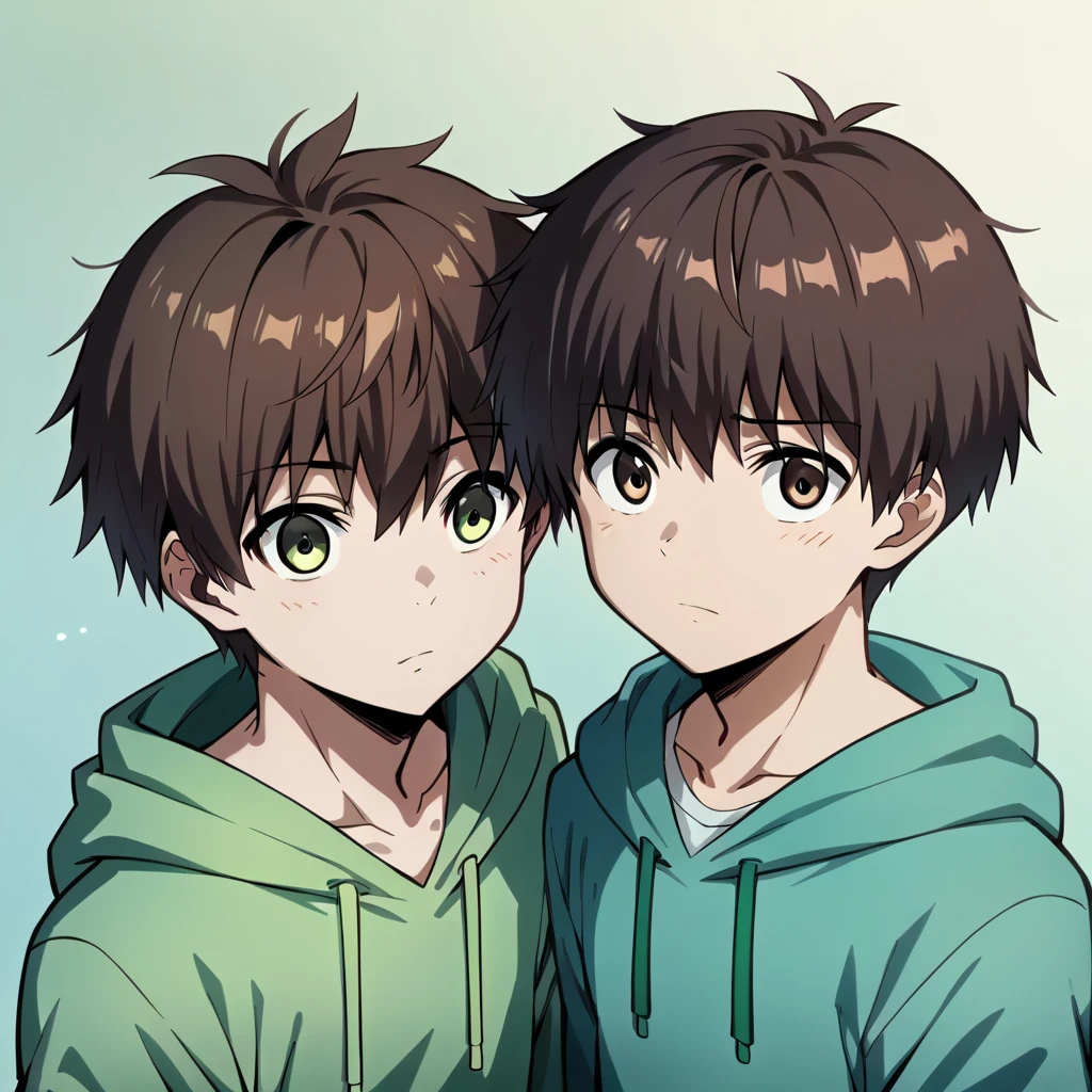 I boy, (messy short hair) ((wearing oversized hoodie)) ((black and green colour hoodie)) ((silky hair)) (upper body) (cute) (smile)(shiny eyes)(black and green clothes)(light green eyes)(brown hair) (dark brown hair) (black and green hoodie) (genos hairstyle)